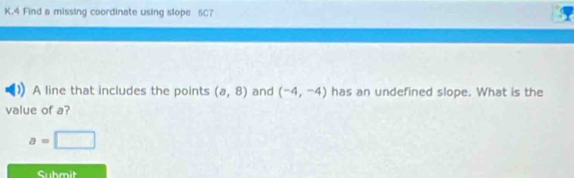 Find a missing coordinate using slope 5C7 
A line that includes the points (a,8) and (-4,-4) has an undefined slope. What is the 
value of a?
a=□
Submit