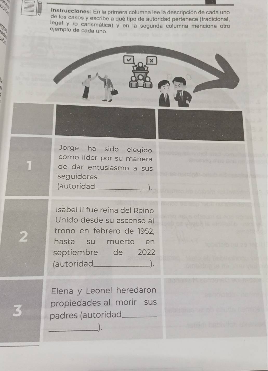 ció 
Instrucciones: En la primera columna lee la descripción de cada uno 
de los casos y escribe a qué tipo de autoridad pertenece (tradicional, 
legal y /o carismática) y en la segunda columna menciona otro 
got 
ejemplo de cada uno. 
sid 
ián 
x 
Jorge ha sido elegido 
como líder por su manera 
1 de dar entusiasmo a sus 
seguidores. 
(autoridad_ ). 
Isabel II fue reina del Reino 
Unido desde su ascenso al 
trono en febrero de 1952, 
2 hasta su muerte en 
septiembre de 2022
(autoridad_ ). 
Elena y Leonel heredaron 
3 
propiedades al morir sus 
padres (autoridad_ 
_).