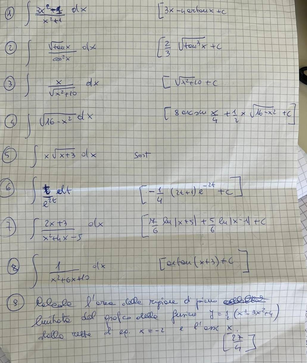 Risolto:∈t (3x^2+1)/x^2+1 dx 3x-yetch04x+c ② ∈t sqrt(tan x)/cos^2x dx ...