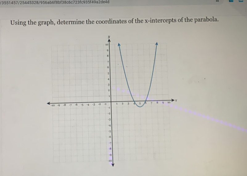 3551457/25445328/956ab6f8bf38c6c723fc935f49a2de4d 
Using the graph, determine the coordinates of the x-intercepts of the parabola.