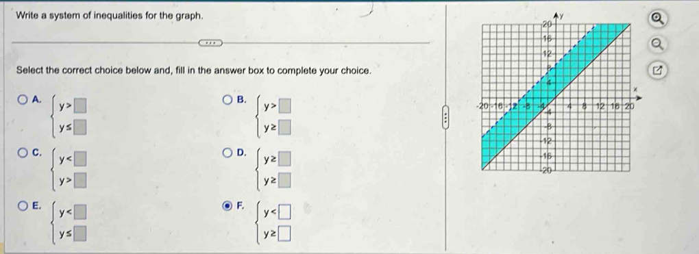 Write a system of inequalities for the graph. 
Select the correct choice below and, fill in the answer box to complete your choice.
A. beginarrayl y>□  y≤ □ endarray.
B. beginarrayl y>□  y≥ □ endarray.
C. beginarrayl y □ endarray.
D. beginarrayl y≥ □  y≥ □ endarray.
E. beginarrayl y
F. beginarrayl y