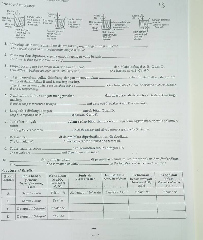 dan Indusm
Prosedur / Procedures:
Kacau Kacau Kacau Kacau-
Sor
St Stir Stir
Rod kaca Larulan sabun Larutan detergen
+ air lembut Rod kaca Larulan sabun
Bikar + air liat Rod kaca-
Gless rod tA Snap solution + soft water Glasa rod B Soap solution Glass rod Larutan detergen + air lembut D + air list Detargent solution
Beaker + hard water Bikar Detergent solution + sonl water * hard walm
Kain dengan Kain dengan Beaker Kain dengan Kain dangan-
kesan minyak kesan minyak kesan minyak kesan minvak
olly stains Cloth with oily stain= Cloth with Cloth with ally stains Cloth with
cily alaina
1. Sekeping tuala muka direndam dalam bikar yang mengandungi 200cm^3 _
A face towel is soaked in a beaker containing 200cm^3 of_
2. Tuala tersebut dipotong kepada empat kepingan yang bersaiz_
The towel is then cut into four pleces of_
3. Empat bikar yang berlainan diisi dengan 200 cm^3 _dan dilabel sebagai A. B. C dan D
Four different beakers are each filled with 200cm^3 of _and labelled as A, B, C and D.
4. 10 g magnesium sulfat ditimbang dengan menggunakan _sebelum dilarutkan dalam air
suling di dalam bikar B and D masing-masing.
10 g of magnesium sulphate are weighed using a _before being dissolved in the distilled water in beaker
B and D respectively.
5. 5cm^3 sabun diukur dengan menggunakan _dan dilarutkan di dalam bikar A dan B masing-
masing.
5cm^3 of soap is measured using a_ and dissolved in beaker A and B respectively.
6. Langkah 5 diulangi dengan _untuk bikar C dan D.
Step 5 is repeated with _for beaker C and D.
7. Tuala berminyak _dalam setiap bikar dan dikacau dengan menggunakan spatula selama 5
minit.
The olly towels are then _in each beaker and stirred using a spatula for 5 minutes.
8. Kehardiran _di dalam bikar diperhatikan dan direkodkan.
The formation of _in the beakers are observed and recorded.
9. Tuala-tuala tersebut _dan kemudian dibilas dengan air.
The towels are_ and then rinsed with water. F
10. _dan pembentukan _di permukaan tuala muka diperhatikan dan direkodkan.
The _and formation of white _on the towels are observed and recorded.
K