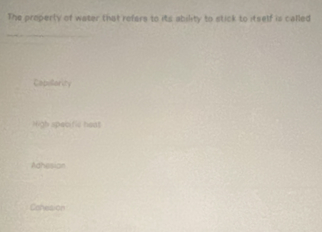 The properly of water that refers to its ability to stick to itself is called
Capillority
Nigh specific heat
Adhesian
Caheision