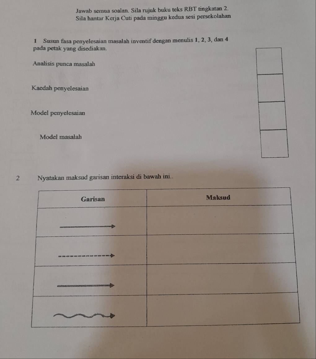 Jawab semua soalan. Sila rujuk buku teks RBT tingkatan 2. 
Sila hantar Kerja Cuti pada minggu kedua sesi persekolahan 
1 Susun fasa penyelesaian masalah inventif dengan menulis 1, 2, 3, dan 4
pada petak yang disediakan. 
Analisis punca masalah 
Kaedah penyelesaian 
Model penyelesaian 
Model masalah 
2 Nyatakan maksud garisan interaksi di bawah ini..