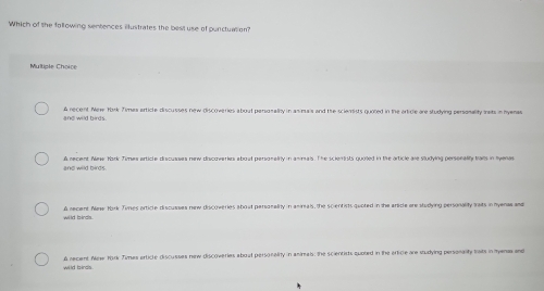 Which of the fallowing sentences illustrates the best use of punctuation?
Multicle Choire
and wild birds. A recent Mew York Timas article discusses new discoveries about personality in asimais and the scienssts quoled in the orticle are studying personality insts in hyenas
and wild birds..A necent New York Times article discusses new discoverkrs about personality in anmals. The scientists quoled in the article ale studying persoralily talls in lyenas
wild birds. A secent Naw Hurk Tures article discusses new discoveries about personality in ammals, the scientists quoted in the arsicle are studying personality irats in nyense and
wild bainds . A recient New Horr Tymes erticte discusses new discoveries about personality in animals: the scientists quoted in the erticle are studying personality traits in myenas and