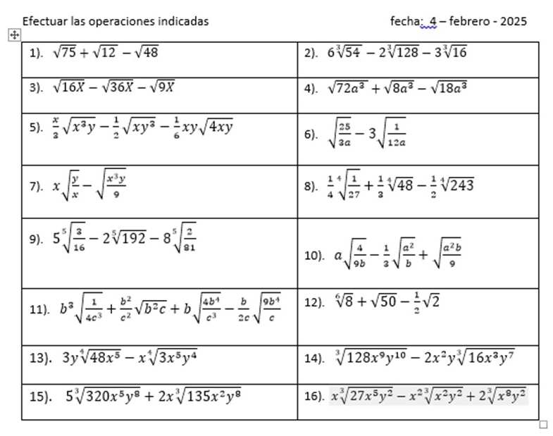 Efectuar las operaciones indicadas fecha: 4 - febrero - 2025