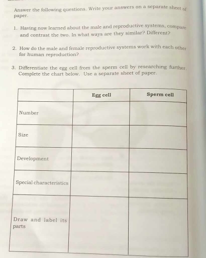 Answer the following questions. Write your answers on a separate sheet of 
paper. 
1. Having now learned about the male and reproductive systems, compare 
and contrast the two. In what ways are they similar? Different? 
2. How do the male and female reproductive systems work with each other 
for human reproduction? 
3. Differentiate the egg cell from the sperm cell by researching further. 
Complete the chart below. Use a separate sheet of paper.