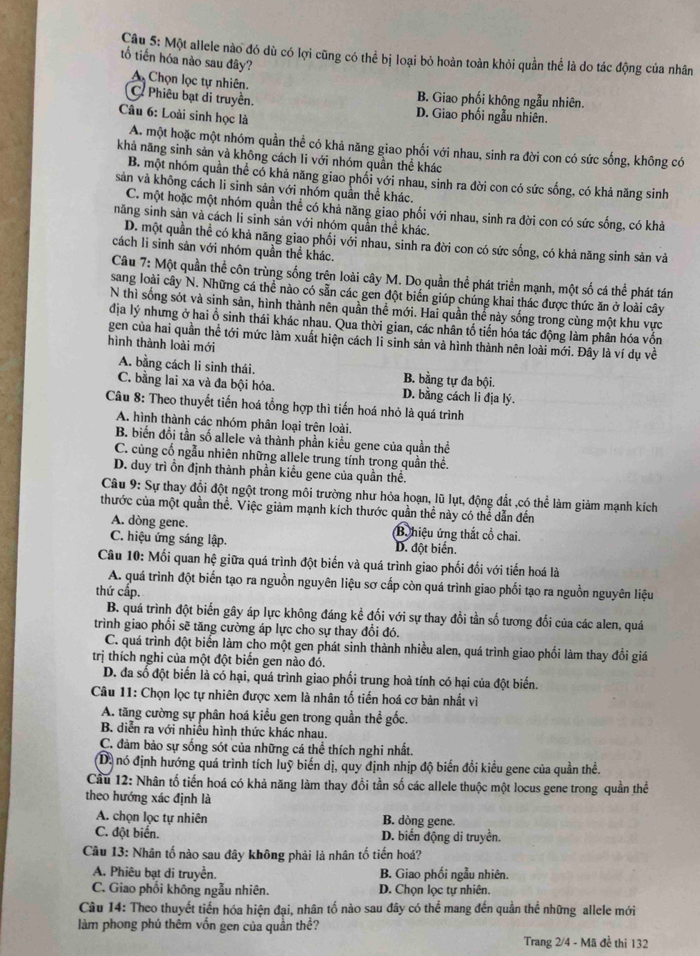 Một allele nào đó dù có lợi cũng có thể bị loại bỏ hoàn toàn khỏi quần thể là do tác động của nhân
tổ tiến hóa nào sau đây?
Chọn lọc tự nhiên. B. Giao phối không ngẫu nhiên.
C. Phiêu bạt di truyền. D. Giao phối ngẫu nhiên.
Câu 6: Loài sinh học là
A. một hoặc một nhóm quần thể có khả năng giao phối với nhau, sinh ra đời con có sức sống, không có
khả năng sinh sản và không cách li với nhóm quần thể khác
B. một nhóm quần thể cổ khả năng giao phối với nhau, sinh ra đời con có sức sống, có khả năng sinh
sản và không cách li sinh sản với nhóm quần thể khác.
C. một hoặc một nhóm quần thể có khả năng giao phối với nhau, sinh ra đời con có sức sống, có khả
năng sinh sản và cách li sinh sản với nhóm quần thể khác.
D. một quần thể có khả năng giao phối với nhau, sinh ra đời con có sức sống, có khả năng sinh sản và
cách li sinh sản với nhóm quần thể khác.
Câu 7: Một quần thể côn trùng sống trên loài cây M. Do quần thể phát triển mạnh, một số cá thể phát tán
sang loài cây N. Những cá thể nào có sẵn các gen đột biến giúp chúng khai thác được thức ăn ở loài cây
N thì sống sót và sinh sản, hình thành nên quần thể mới. Hai quần thể này sống trong cùng một khu vực
địa lý nhưng ở hai ổ sinh thái khác nhau. Qua thời gian, các nhân tố tiến hóa tác động làm phân hóa vốn
gen của hai quần thể tới mức làm xuất hiện cách li sinh sản và hình thành nên loài mới. Đây là ví dụ về
hình thành loài mới
A. bằng cách li sinh thái. B. bằng tự đa bội.
C. bằng lai xa và đa bội hóa. D. bằng cách li địa lý.
Câu 8: Theo thuyết tiến hoá tổng hợp thì tiến hoá nhỏ là quá trình
A. hình thành các nhóm phân loại trên loài.
B. biển đồi tần số allele và thành phần kiểu gene của quần thể
C. cùng cố ngẫu nhiên những allele trung tính trong quần thể.
D. duy trì ồn định thành phần kiều gene của quần thề.
Câu 9: Sự thay đổi đột ngột trong môi trường như hỏa hoạn, lũ lụt, động đất ,có thể làm giảm mạnh kích
thước của một quần thể. Việc giảm mạnh kích thước quần thể này có thể dẫn đến
A. dòng gene. B hiệu ứng thắt cổ chai.
C. hiệu ứng sáng lập. D. đột biến.
Câu 10: Mối quan hệ giữa quá trình đột biến và quá trình giao phối đối với tiến hoá là
A. quá trình đột biến tạo ra nguồn nguyên liệu sơ cấp còn quá trình giao phối tạo ra nguồn nguyên liệu
thứ cấp.
B. quá trình đột biến gây áp lực không đáng kể đối với sự thay đổi tần số tương đối của các alen, quá
trình giao phối sẽ tăng cường áp lực cho sự thay đổi đó.
C. quá trình đột biển làm cho một gen phát sinh thành nhiều alen, quá trình giao phối làm thay đổi giá
trị thích nghi của một đột biến gen nào đó.
D. đa số đột biến là có hại, quá trình giao phối trung hoà tính có hại của đột biến.
Câu 11: Chọn lọc tự nhiên được xem là nhân tố tiến hoá cơ bản nhất vì
A. tăng cường sự phân hoá kiểu gen trong quần thể gốc.
B. diễn ra với nhiều hình thức khác nhau.
C. đảm bảo sự sống sót của những cá thể thích nghi nhất.
D) nó định hướng quá trình tích luỹ biến dị, quy định nhịp độ biến đổi kiều gene của quần thề.
Cầu 12: Nhân tố tiến hoá có khả năng làm thay đổi tần số các allele thuộc một locus gene trong quần thể
theo hướng xác định là
A. chọn lọc tự nhiên B. dòng gene.
C. đột biến. D. biến động di truyền.
Câu 13: Nhân tố nào sau đây không phải là nhân tố tiến hoá?
A. Phiêu bạt di truyền. B. Giao phối ngẫu nhiên.
C. Giao phối không ngẫu nhiên. D. Chọn lọc tự nhiên.
Câu 14: Theo thuyết tiến hóa hiện đại, nhân tố nào sau đây có thể mang đến quần thể những allele mới
làm phong phú thêm vốn gen của quần thể?
Trang 2/4 - Mã đề thi 132