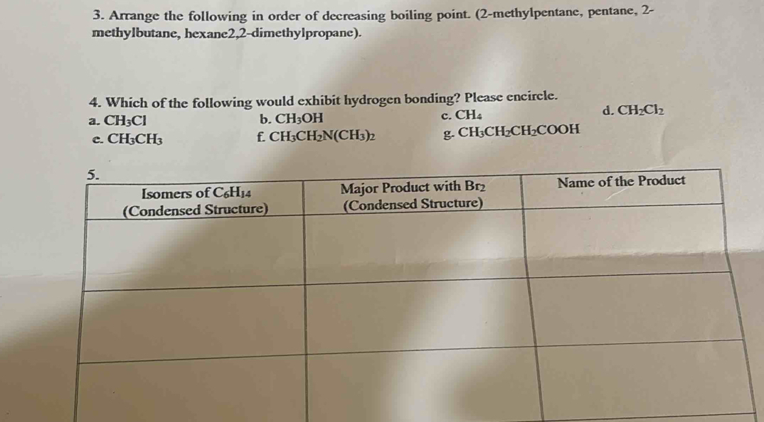 Arrange the following in order of decreasing boiling point. (2-methylpentane, pentane, 2-
methylbutane, hexane2,2-dimethylpropane).
4. Which of the following would exhibit hydrogen bonding? Please encircle.
a. CH_3Cl b. CH_3OH c. CH_4
d. CH_2Cl_2
c. CH_3CH_3 f. CH_3CH_2N(CH_3)_2 g. CH_3CH_2CH_2COOH