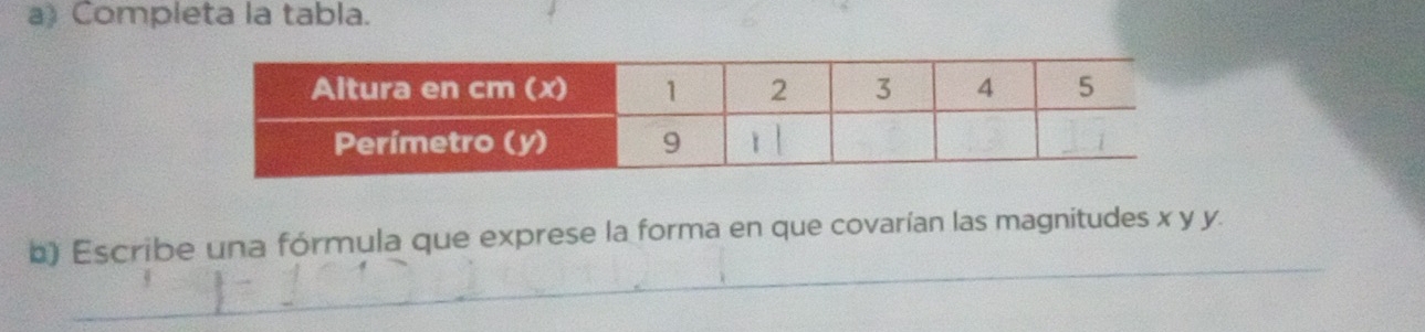 Completa la tabla.
_
b) Escribe una fórmula que exprese la forma en que covarían las magnitudes x y y.