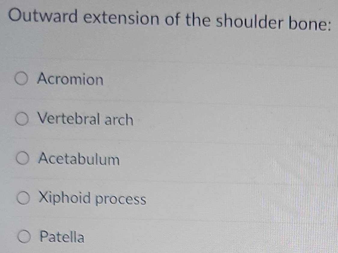 Solved: Outward extension of the shoulder bone: Acromion Vertebral arch ...