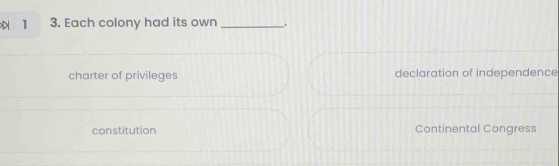 1 3. Each colony had its own_
、.
charter of privileges declaration of independence
constitution Continental Congress