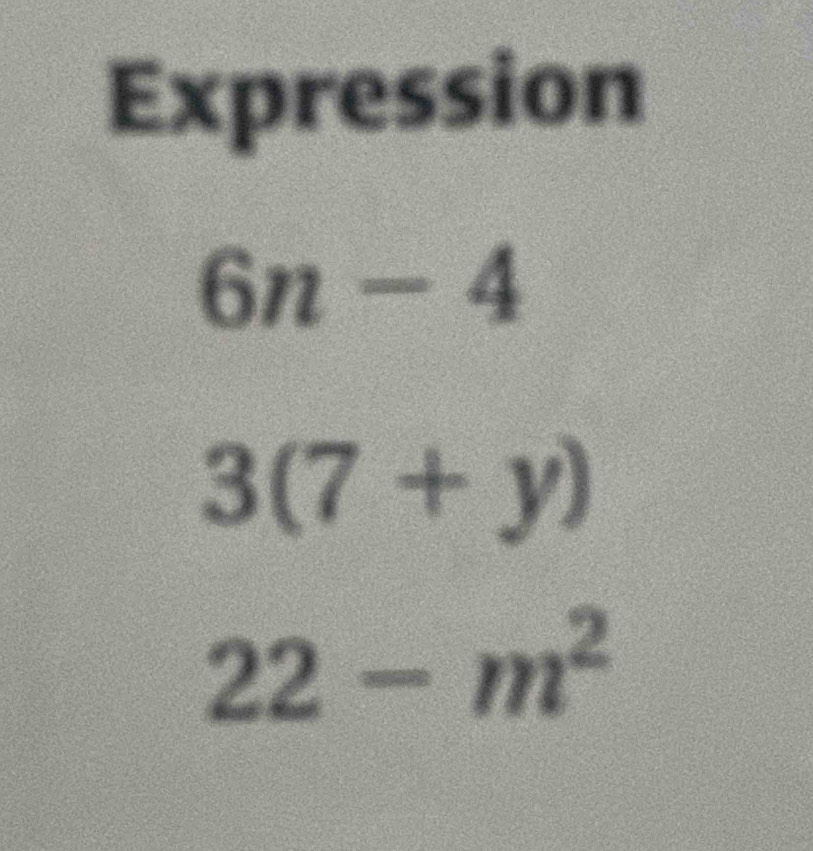 Expression
6n-4
3(7+y)
22-m^2