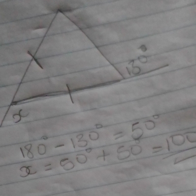 13°
of
180°-130°=50°
x=50°+50°= 10°/2 