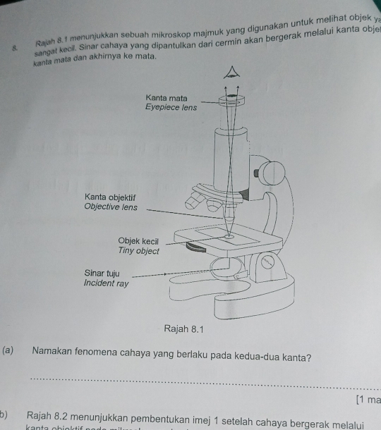 Rajah 8.1 menunjukkan sebuah mikroskop majmuk yang digunakan untuk melihat objek y; 
sangat kecil. Sinar cahaya yang dipantulkan dari cermin akan bergerak melalui kanta obje 
kanta mataan akhirnya ke mata. 
(a) Namakan fenomena cahaya yang berlaku pada kedua-dua kanta? 
_ 
[1 ma 
b) Rajah 8.2 menunjukkan pembentukan imej 1 setelah cahaya bergerak melalui