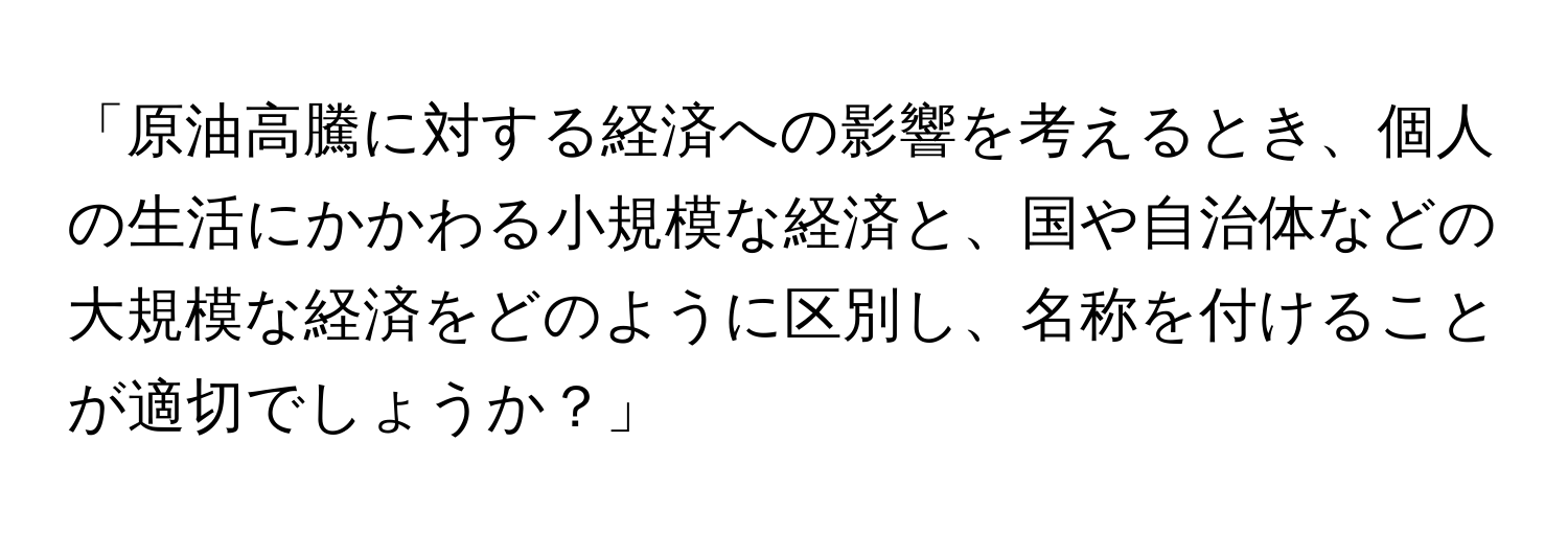 「原油高騰に対する経済への影響を考えるとき、個人の生活にかかわる小規模な経済と、国や自治体などの大規模な経済をどのように区別し、名称を付けることが適切でしょうか？」