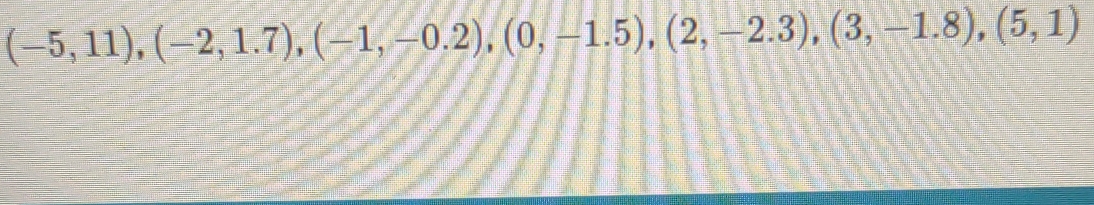 (-5,11), (-2,1.7), (-1,-0.2), (0,-1.5), (2,-2.3), (3,-1.8), (5,1)