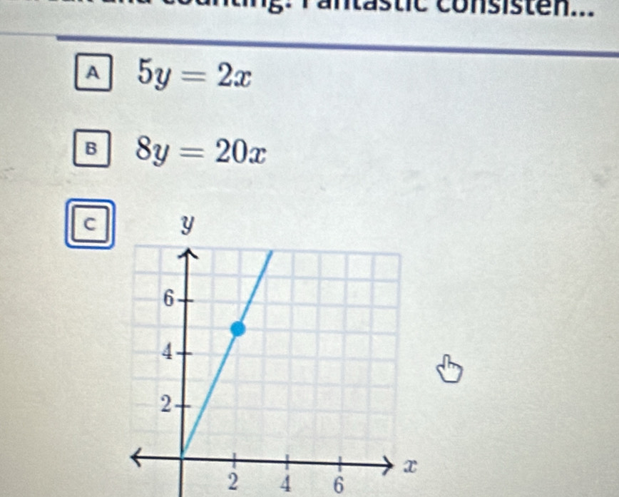 itästic consisten...
A 5y=2x
B 8y=20x
C
2 4 6