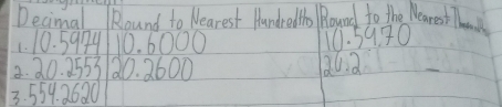 Decimal Round to Nearest Hundredtho Round to the Nearest Thens 
1. 10. 594 10. 6000 10. 5930
2. 20. 2553 20. 2600 Qu. a 
3. 559. 2620