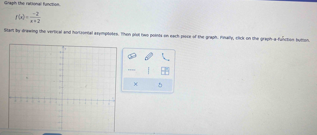 Graph the rational function.
f(x)= (-2)/x+2 
Start by drawing the vertical and horizontal asymptotes. Then plot two points on each piece of the graph. Finally, click on the graph-a-function button. 
---. 
×