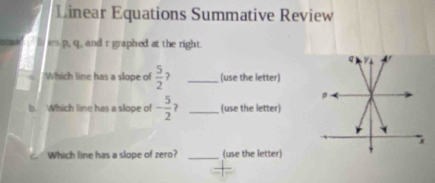 Linear Equations Summative Review 
ies p, q, and r graphed at the right.
q
Which line has a slope of  5/2  ? _(use the letter) 
ρ 
b Which line has a slope of - 5/2  ? _(use the letter)
x
Which line has a slope of zero? _(use the letter)