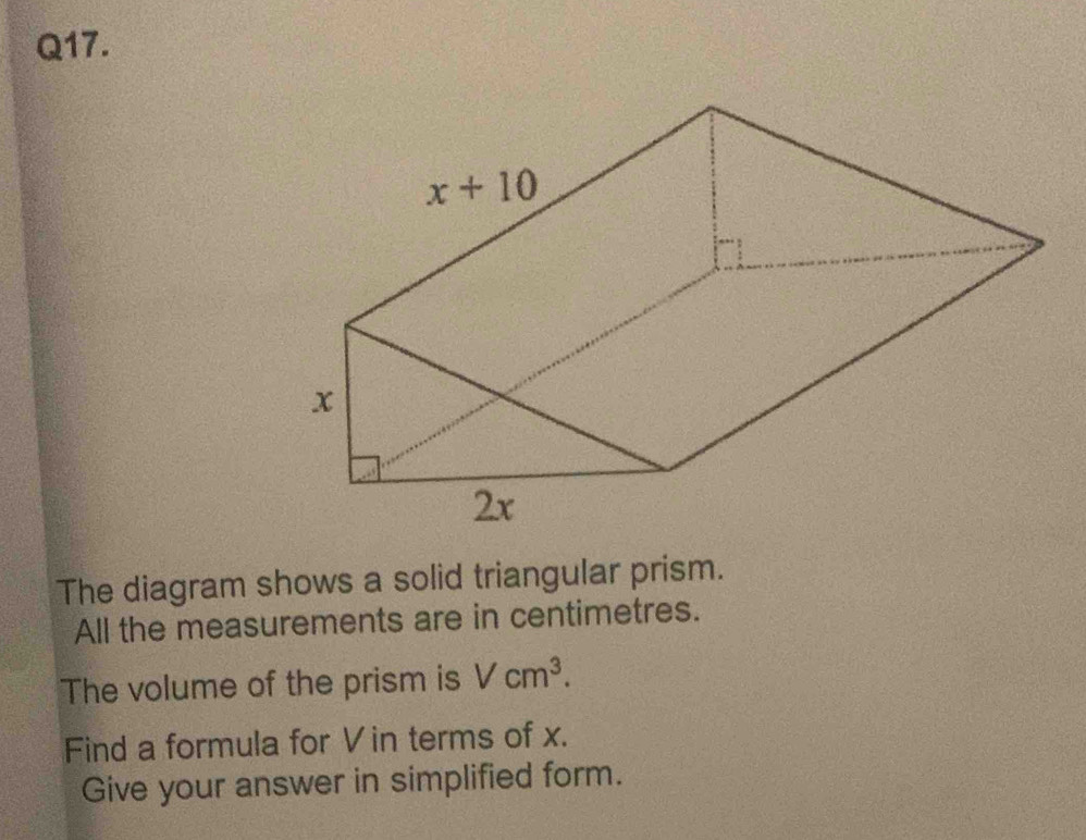 Solved: The diagram shows a solid triangular prism. All the ...