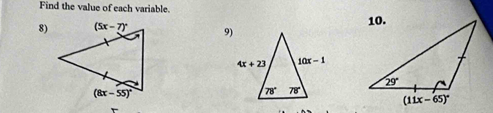 Find the value of each variable.
8) 
9)