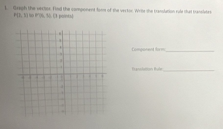 Graph the vector. Find the component form of the vector. Write the translation rule that translates
P(2,1) to P'(6,5). (3 points) 
Component form:_ 
Translation Rule:_