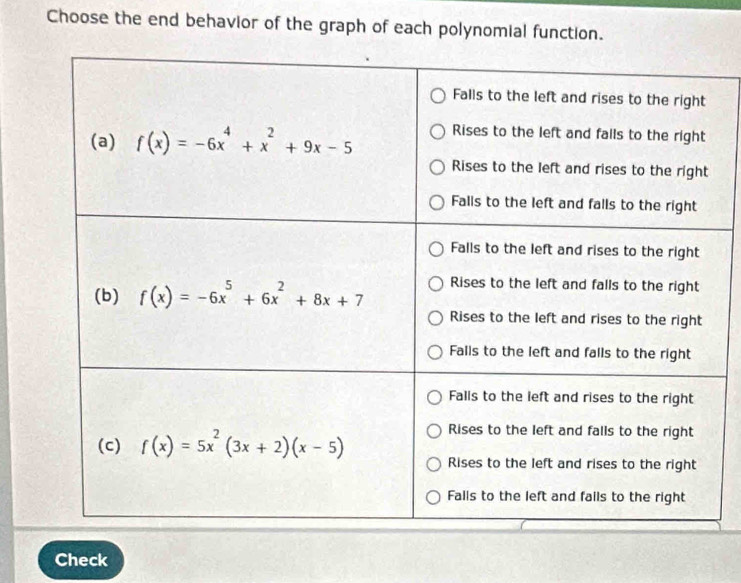 Choose the end behavior of the graph of each polynomial function.
Check