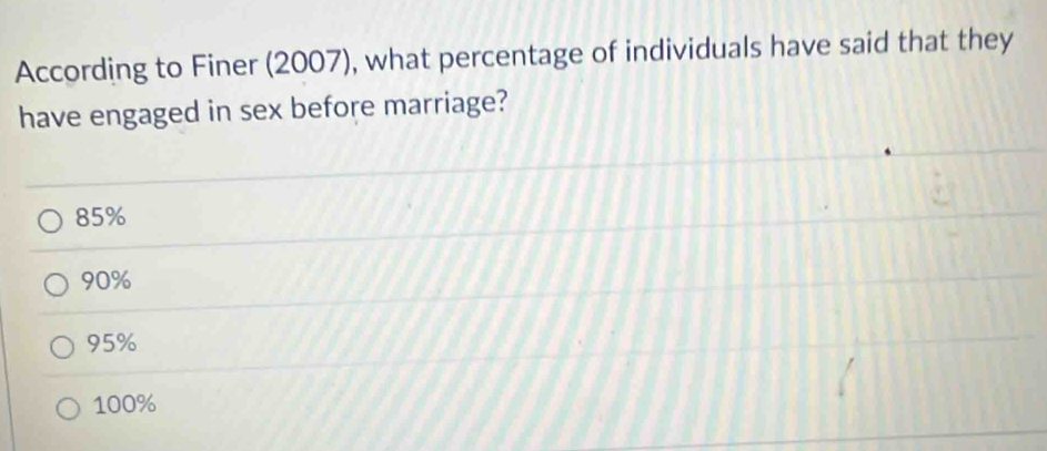 According to Finer (2007), what percentage of individuals have said that they
have engaged in sex before marriage?
85%
90%
95%
100%