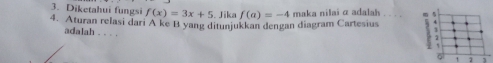 Diketahui fungsi f(x)=3x+5. Jika 
4. Aturan relasi dari A ke B yang ditunjukkan dengan diagram Cartesius f(a)=-4 maka nilai α adalah m 5
adalah . - - . 
: . 
, 
1 1 1