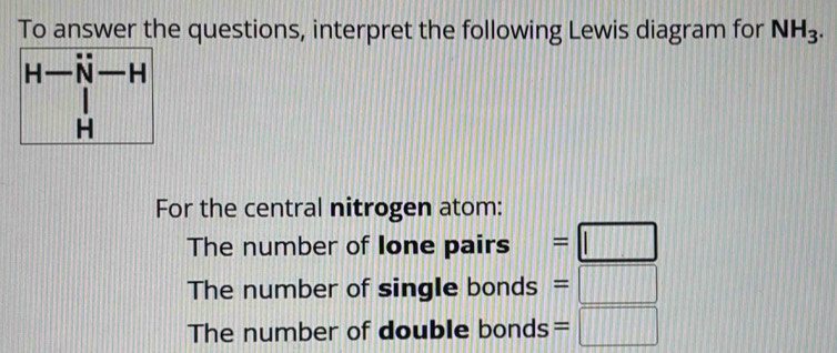 To answer the questions, interpret the following Lewis diagram for NH_3.
beginarrayr H-ii-H ·  Hendarray
For the central nitrogen atom: 
The number of Ione pairs =□
The number of single bonds =□
The number of double bonds =□