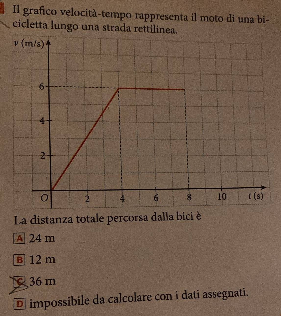 Il grafico velocità-tempo rappresenta il moto di una bi-
cicletta lungo una strada rettilinea.
La distanza totale percorsa dalla bici è
A 24 m
B 12 m
36 m
D impossibile da calcolare con i dati assegnati.