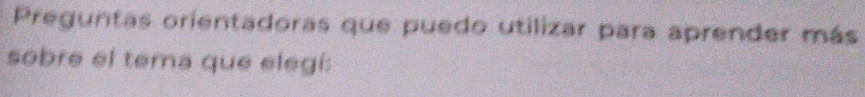 Preguntas orientadoras que puedo utilizar para aprender más 
sobre el tema que elegí: