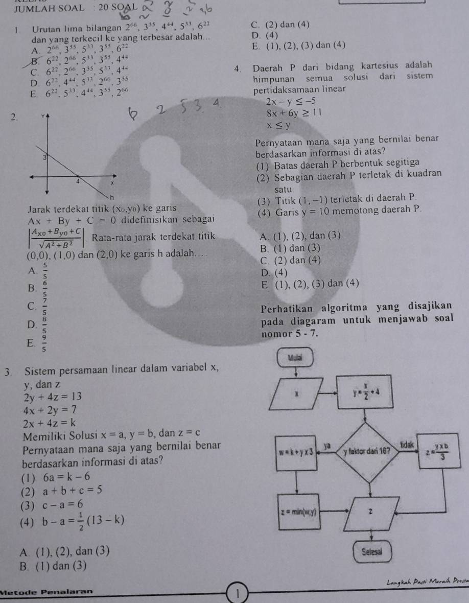 JUMLAH SOAL : 20 SO
1 Urutan lima bilangan 2^(66),3^(35),4^(44),5^(33),6^(22) C. (2) dan (4)
dan yang terkecil ke yang terbesar adalah... D. (4)
A 2^(66),3^(55),5^(11),3^(55),6^(22) E. (1), (2), (3) dan (4)
B 6^(22),2^(66),5^(33),3^(55),4^(44)
C. 6^(22),2^(66),3^(55),5^(33),4^(44) 4. Daerah P dari bidang kartesius adalah
D 6^(22),4^(44),5^(13),2^(66),3^(55)
himpunan semua solusi dari sistem
E 6^(22),5^(33),4^(44),3^(55),2^(66)
pertidaksamaan linear
2x-y≤ -5
2.
8x+6y≥ 11
x≤ y
Pernyataan mana saja yang bernilai benar
berdasarkan informasi di atas?
(1) Batas daerah P berbentuk segitiga
(2) Sebagian daerah P terletak di kuadran
satu
Jarak terdekat titik (x_0,y_0) ke garis (3) Titik (1,-1) terletak di daerah P.
Ax+By+C=0 didefinisikan sebagai (4) Garis y=10 memotong daerah P
|frac A_x0+B_y0+Csqrt(A^2+B^2)| Rata-rata jarak terdekat titik A. (1), (2), dan (3)
(0,0),(1,0) dan (2,0) ke garis h adalah. . B. (1) dan (3)
C. (2) dan (4)
A.  5/5  D. (4)
B.  6/5 
E. (1), (2), (3) dan (4)
C.  7/5  Perhatikan algoritma yang disajikan
D.  8/5 
pada diagaram untuk menjawab soal
nomor : 5-7.
E.  9/5 
3. Sistem persamaan linear dalam variabel x,
y, dan z
2y+4z=13
4x+2y=7
2x+4z=k
Memiliki Solusi x=a,y=b , dan z=c
Pernyataan mana saja yang bernilai benar
berdasarkan informasi di atas? 
(1) 6a=k-6
(2) a+b+c=5
(3) c-a=6
(4) b-a= 1/2 (13-k)
A. (1), (2), dan (3)
B. (1) dan (3)
Langka
*  Meraih Presta
Metode Penalaran
1