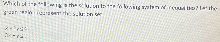 Which of the following is the solution to the following system of inequalities? Let the
green region represent the solution set.
x+2y≤ 4
3x-y≤ 2