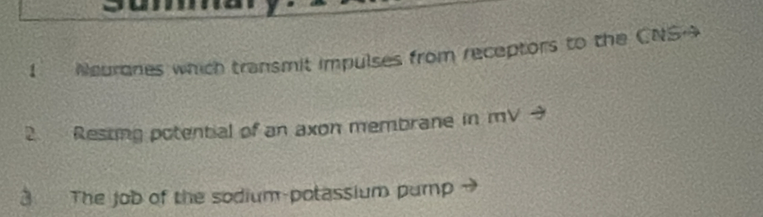 Neurones which transmit impulses from receptors to the CNS- 
2 Resting potential of an axon membrane in mV 
3 The job of the sodium-potassium pump