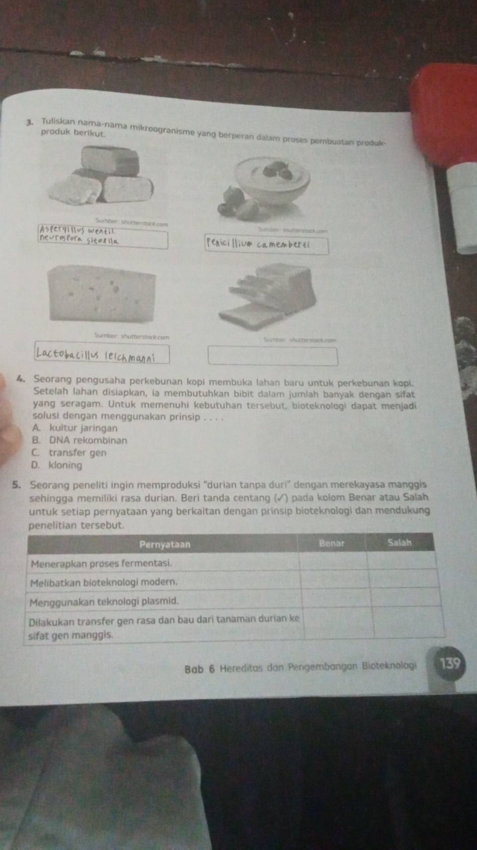 Tuliskan nama-nama mikroogranisme yang berperan dalam proses pembuatan produk-
produk berikut.
Sumber: shurterstock com Sarbe sutw stack com
AsPCr9Illus wentil
Nevrosêora sitolila penici||ium camembert(
Sumber: shutterstack.com Sumben shütterstockrem
Lactobacillus leichmann'
4. Seorang pengusaha perkebunan kopi membuka lahan baru untuk perkebunan kopi.
Setelah lahan disiapkan, ia membutuhkan bibit dalam jumlah banyak dengan sifat
yang seragam. Untuk memenuhi kebutuhan tersebut, bioteknologi dapat menjadi
solusi dengan menggunakan prinsip . . . .
A. kultur jaringan
B. DNA rekombinan
C. transfer gen
D. kloning
5. Seorang peneliti ingin memproduksi “durian tanpa duri” dengan merekayasa manggis
sehingga memiliki rasa durian. Beri tanda centang (√) pada kolom Benar atau Salah
untuk setiap pernyataan yang berkaitan dengan prinsip bioteknologi dan mendukung
Bab 6 Hereditas dan Pengembangan Bioteknologi 139