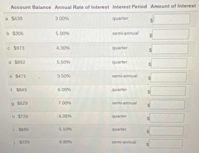 Account Balance Annual Rate of Interest Interest Period Amount of Interest 
a 
b