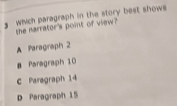 Which paragraph in the story best shows
the narrator's point of view?
A Paragraph 2
B Paragraph 10
C Paragraph 14
D Paragraph 15