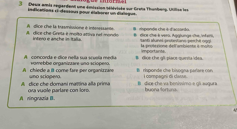 gue Införmel
3 Deux amis regardent une émission télévisée sur Greta Thunberg. Utilise les
indications ci-dessous pour élaborer un dialogue.
A dice che la trasmissione è interessante. Ba risponde che è d'accordo.
A dice che Greta è molto attiva nel mondo B dice che è vero. Aggiunge che, infatti,
intero e anche in Italia. tanti alunni protestano perché oggi
la protezione dell'ambiente è molto
importante.
A concorda e dice nella sua scuola media B dice che gli piace questa idea.
vorrebbe organizzare uno sciopero.
A chiede a B come fare per organizzare B risponde che bisogna parlare con
uno sciopero. i compagni di classe.
A dice che domani mattina alla prima B dice che va benissimo e gli augura
ora vuole parlare con loro. buona fortuna.
A ringrazia B.
4