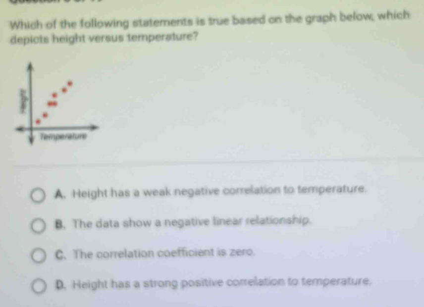 Which of the following statements is true based on the graph below, which
depicts height versus temperature?
A. Height has a weak negative correlation to temperature.
B. The data show a negative linear relationship.
C. The correlation coefficient is zero.
D. Height has a strong positive correlation to temperature.