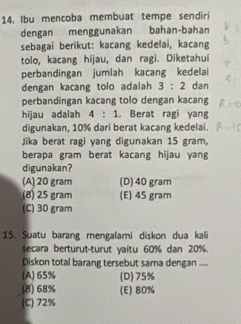 Ibu mencoba membuat tempe sendiri
dengan menggunakan bahan-bahan
sebagai berikut: kacang kedelai, kacang
tolo, kacang hijau, dan ragi. Diketahui
perbandingan jumlah kacang kedelai
dengan kacang tolo adalah 3:2 dan
perbandingan kacang tolo dengan kacang
hijau adalah 4:1. Berat ragi yang
digunakan, 10% dari berat kacang kedelai.
Jika berat ragi yang digunakan 15 gram,
berapa gram berat kacang hijau yang
digunakan?
(A) 20 gram (D) 40 gram
(B) 25 gram (E) 45 gram
(C) 30 gram
15. Suatu barang mengalami diskon dua kali
secara berturut-turut yaitu 60% dan 20%.
Diskon total barang tersebut sama dengan ....
(A) 65% (D) 75%
(B) 68% (E) 80%
(C) 72%