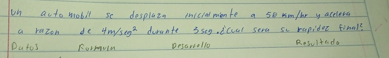 un acto mobil se desplaza inicialmiente a so rm/r yacelera 
a razon de 4m/seg^2 durante 3seg. icual sera sc rapidot final? 
Datos Forrqula Desarcollo Resultado