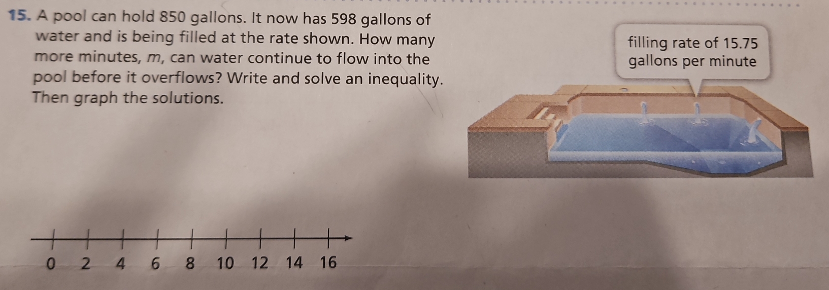 A pool can hold 850 gallons. It now has 598 gallons of 
water and is being filled at the rate shown. How many 
more minutes, m, can water continue to flow into the 
pool before it overflows? Write and solve an inequality. 
Then graph the solutions.