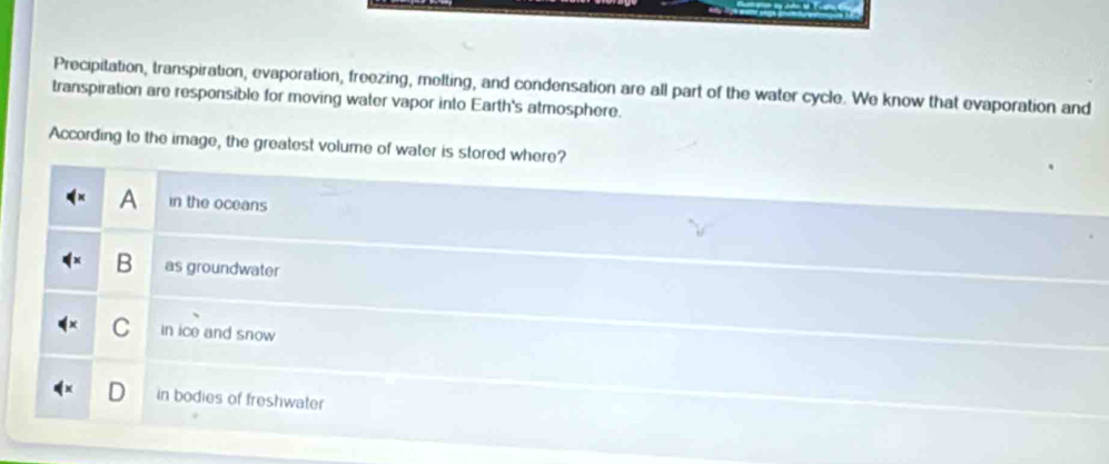 Precipitation, transpiration, evaporation, freezing, melting, and condensation are all part of the water cycle. We know that evaporation and
transpiration are responsible for moving water vapor into Earth's atmosphere.
According to the image, the greatest volume of water is stored where?
A in the oceans
B as groundwater
C in ice and snow
in bodies of freshwater