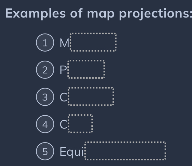 Examples of map projections: 
1 M∩ ∈tlimits _(_0)^5^a^n5* π x* π * π * π * π * π *  a/2 ^n π /a   x_b^(a,x* x* x* x* x* x* x* x* x^frac a)2endarray.
2 P=frac (1_3)^5(frac _5)^55_ 3/5 ^frac 53* 5* π * π * π * π * π * π * π * π *  π /5  π /5 
3 C_ 3/2 ^ 5/2 * 8frac 5* * * * * * * * * * * * * frac frac 5* 2^ 5/2  
4 C_5^((frac 5)3)* x* x* x* frac frac  5/9 
5 Equi .......................