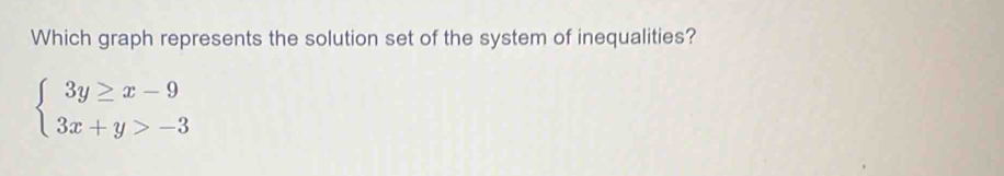 Which graph represents the solution set of the system of inequalities?
beginarrayl 3y≥ x-9 3x+y>-3endarray.