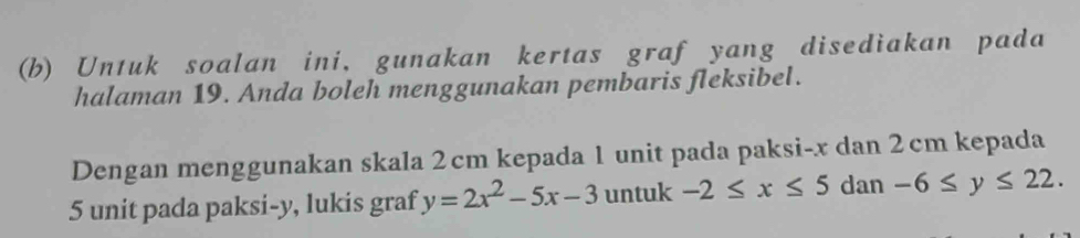 Untuk soalan ini, gunakan kertas graf yang disediakan pada 
halaman 19. Anda boleh menggunakan pembaris fleksibel. 
Dengan menggunakan skala 2cm kepada 1 unit pada paksi- x dan 2cm kepada
5 unit pada paksi- y, lukis graf y=2x^2-5x-3 untuk -2≤ x≤ 5 dan -6≤ y≤ 22.