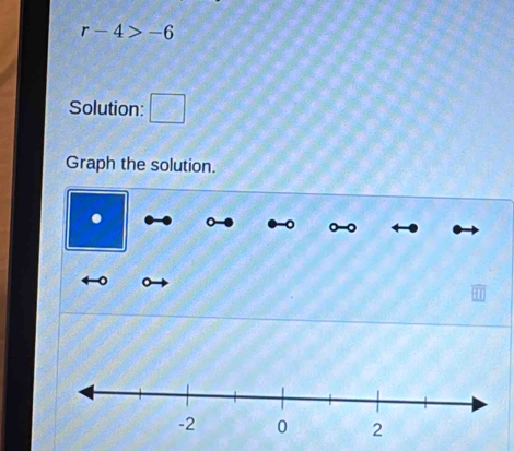 r-4>-6
Solution: □ 
Graph the solution. 
.